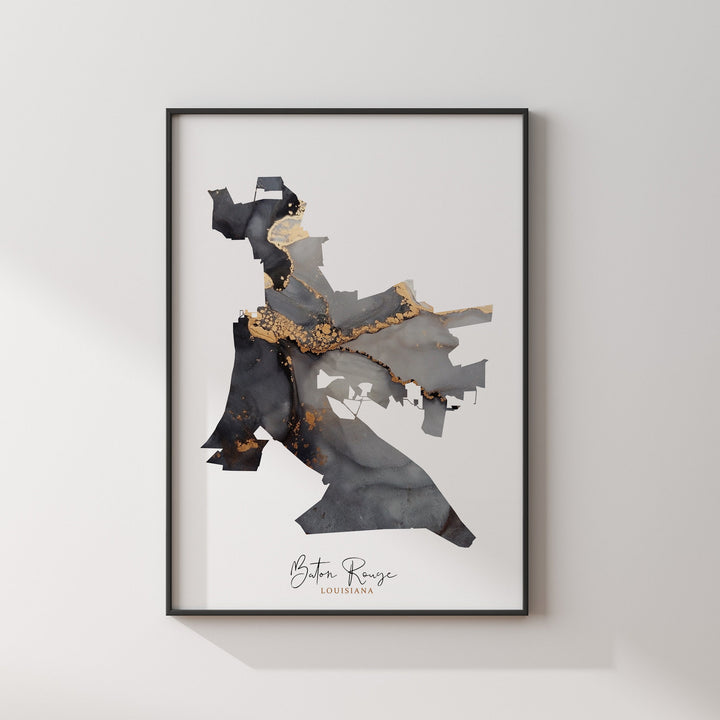 Baton Rouge Map Black & Gold Wall Art Print | Louisiana | USA | United States of America [EV]
