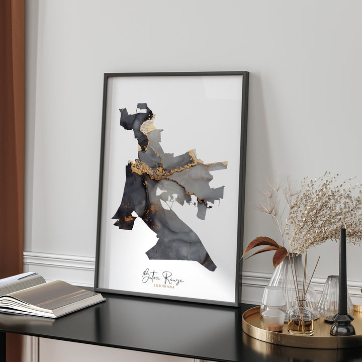 Baton Rouge Map Black & Gold Wall Art Print | Louisiana | USA | United States of America [EV]