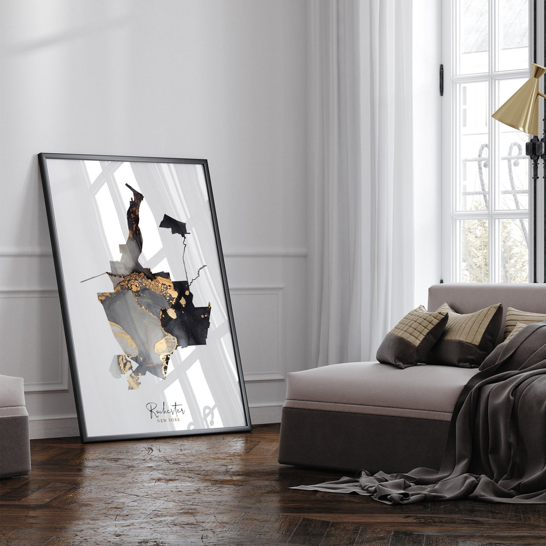 Rochester Map Black & Gold Wall Art Print | New York | USA | United States of America [EV]