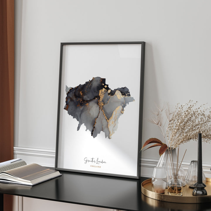 Greater London Map Black & Gold Wall Art Print | England | United Kingdom | Great Britain