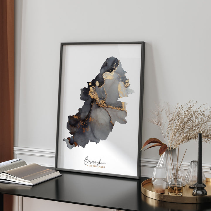 Birmingham Map Black & Gold Wall Art Print | West Midlands  England | United Kingdom | Great Britain