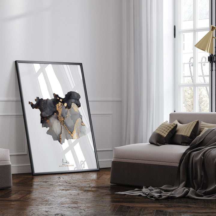 Leeds Map Black & Gold Wall Art Print | West Yorkshire | England | United Kingdom | Great Britain