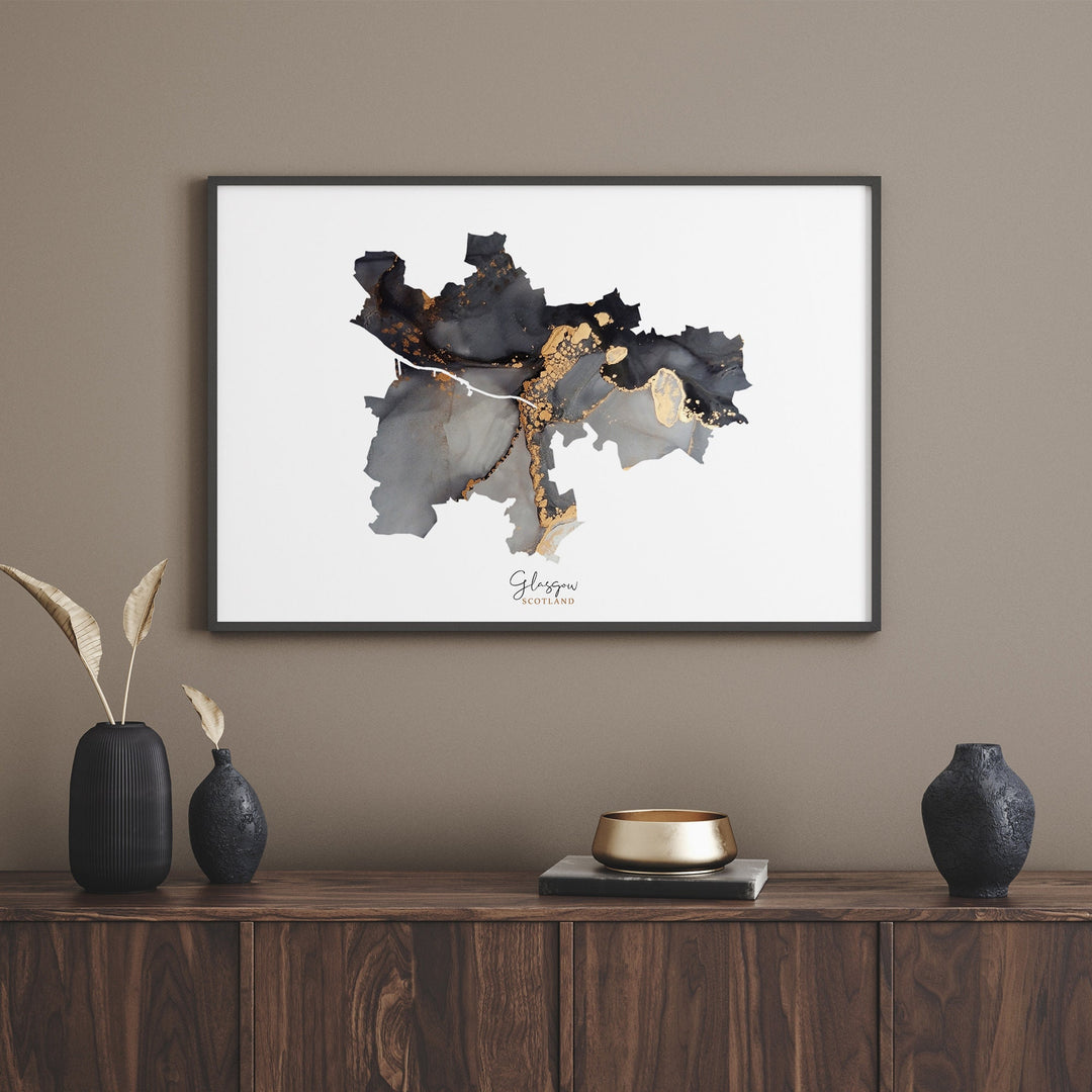 Glasgow Map Black & Gold Wall Art Print| Scotland | United Kingdom | Great Britain