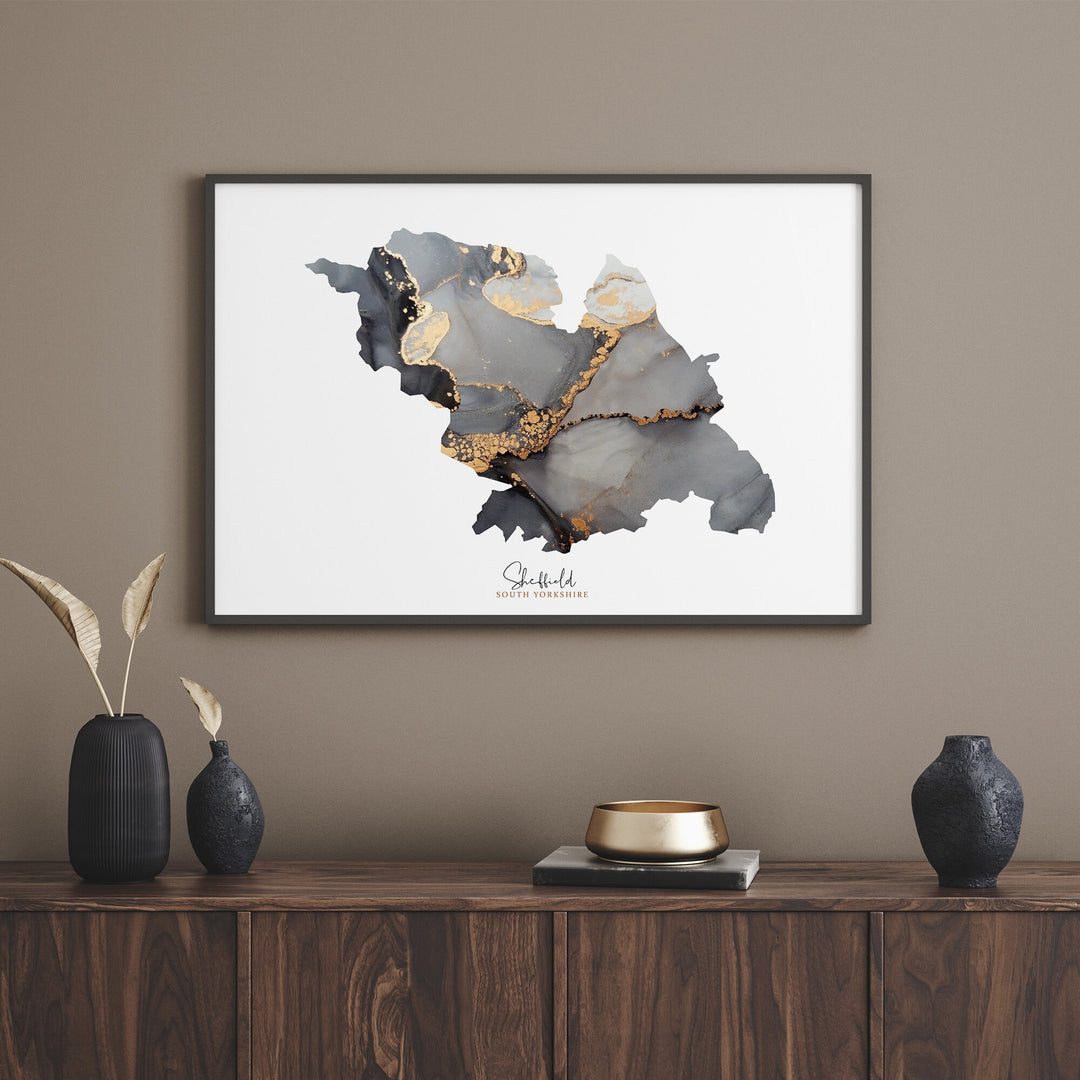 Sheffield Map Black & Gold Wall Art Print| South Yorkshire | England | United Kingdom | Great Britain