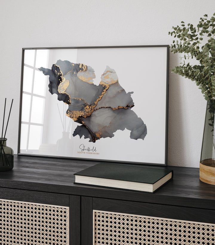 Sheffield Map Black & Gold Wall Art Print| South Yorkshire | England | United Kingdom | Great Britain