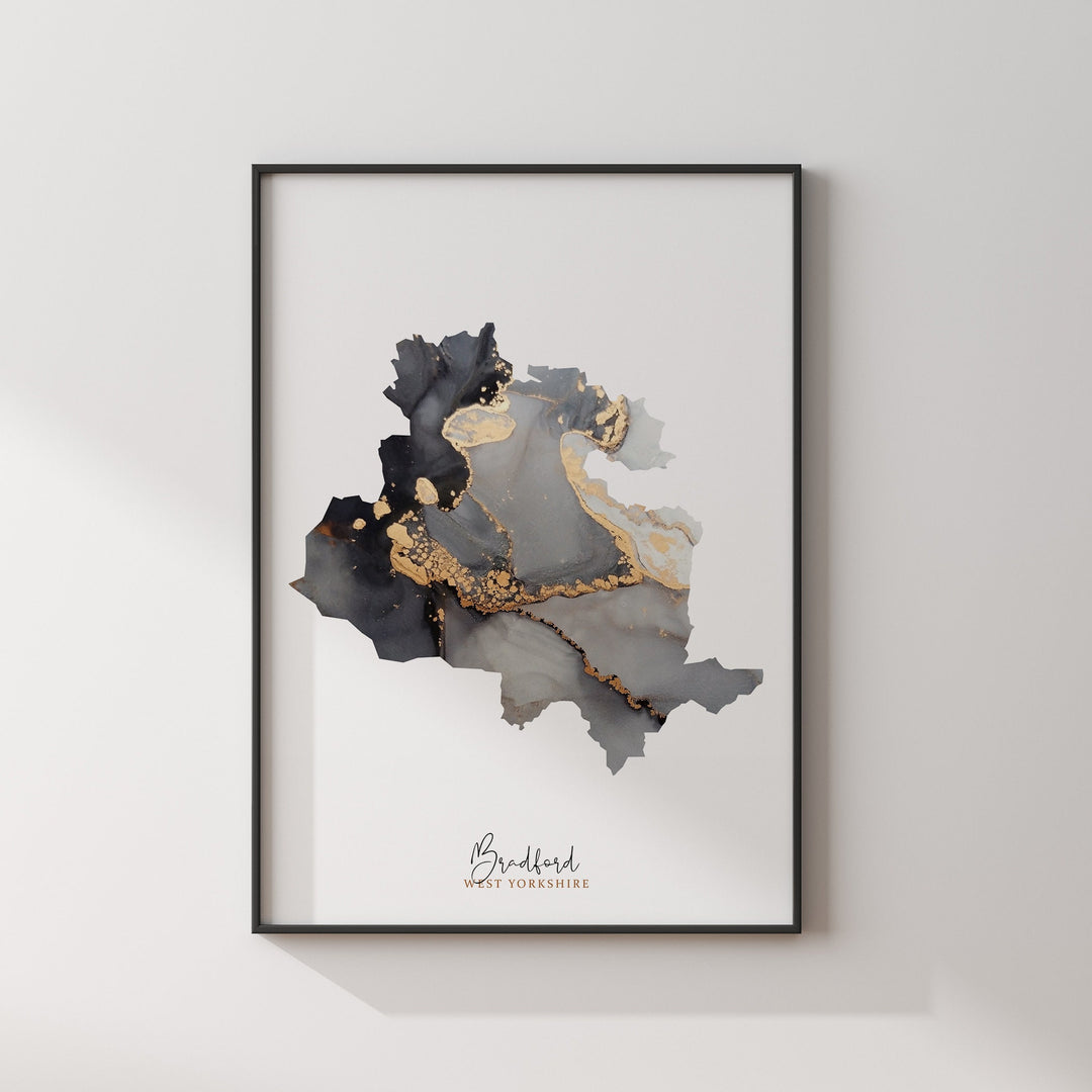 Bradford Map Black & Gold Wall Art Print| West Yorkshire | England | United Kingdom | Great Britain