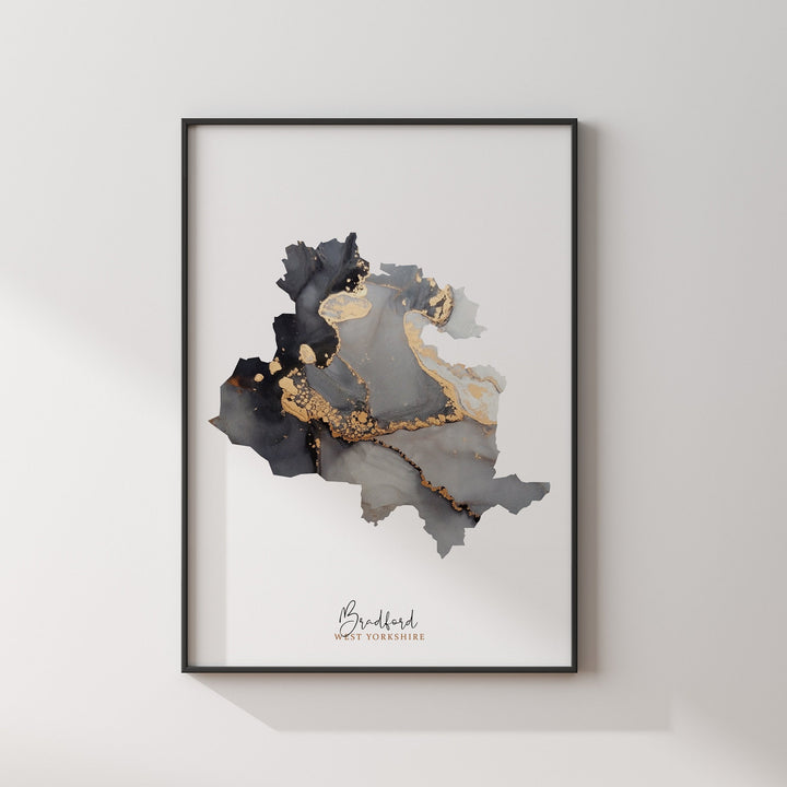 Bradford Map Black & Gold Wall Art Print| West Yorkshire | England | United Kingdom | Great Britain