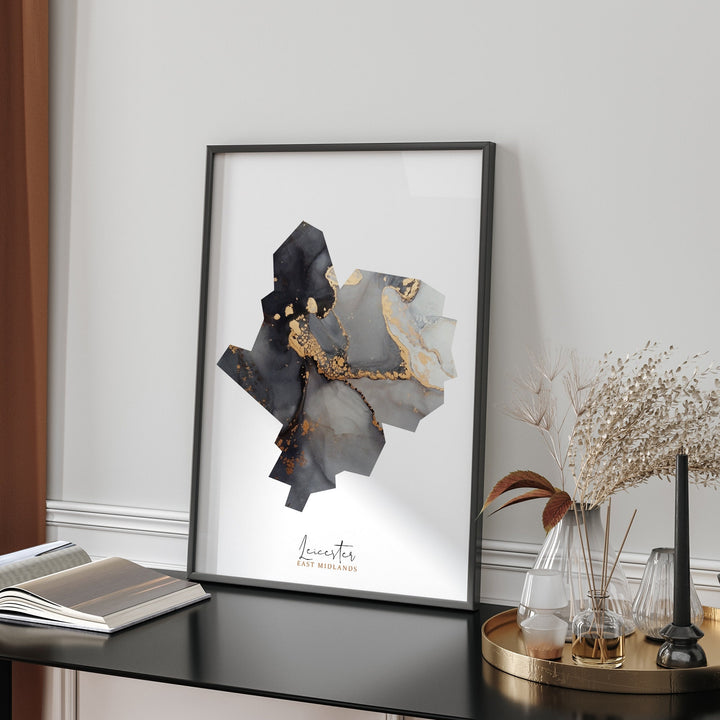 Leicester Map Black & Gold Wall Art Print | England | United Kingdom | Great Britain