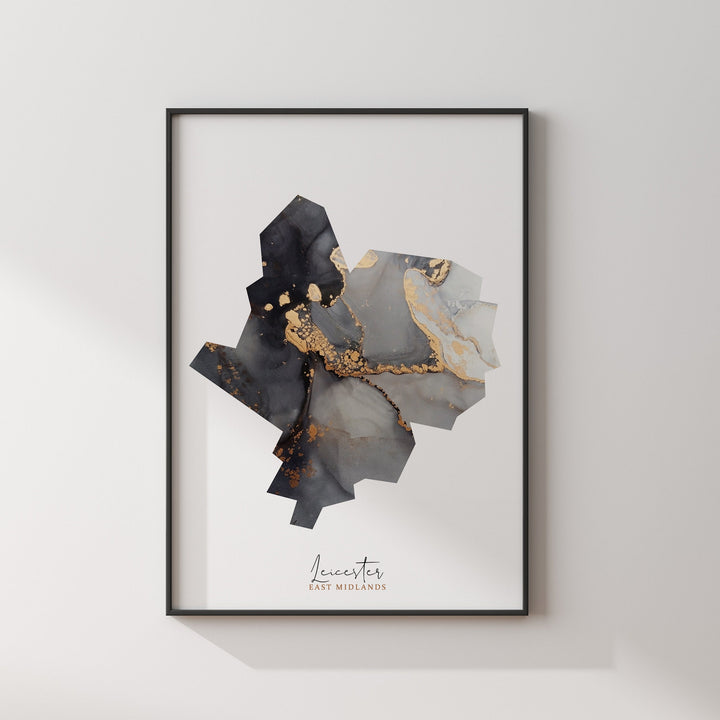 Leicester Map Black & Gold Wall Art Print | England | United Kingdom | Great Britain