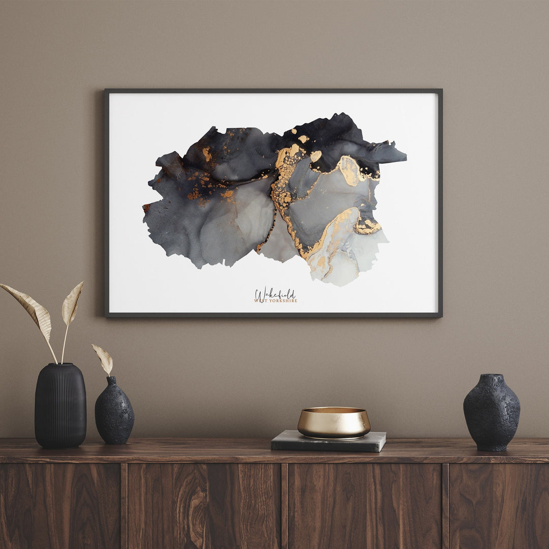 Wakefield Map Black & Gold Wall Art Print | West Yorkshire | England | United Kingdom | Great Britain