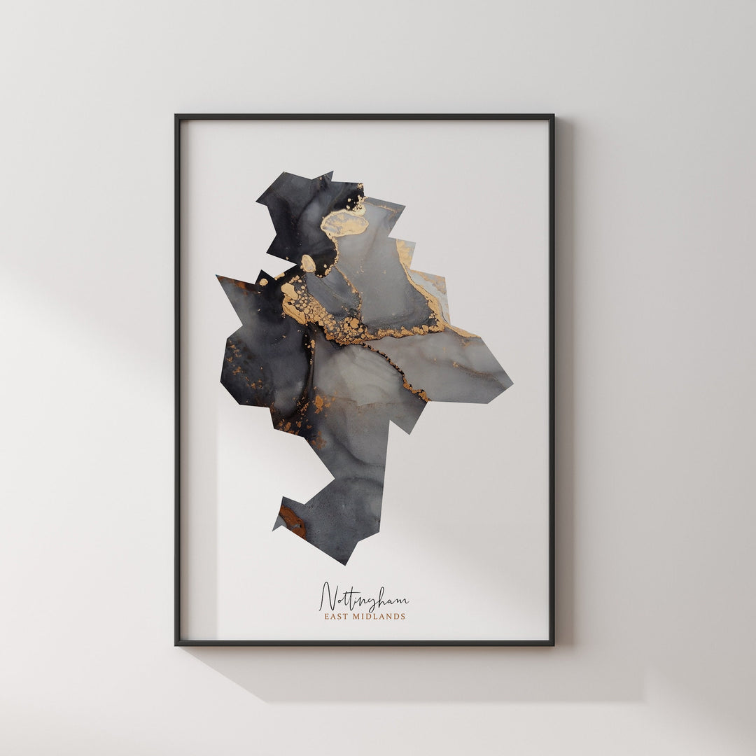 Nottingham Map Black & Gold Wall Art Print | East Midlands | England | United Kingdom | Great Britain