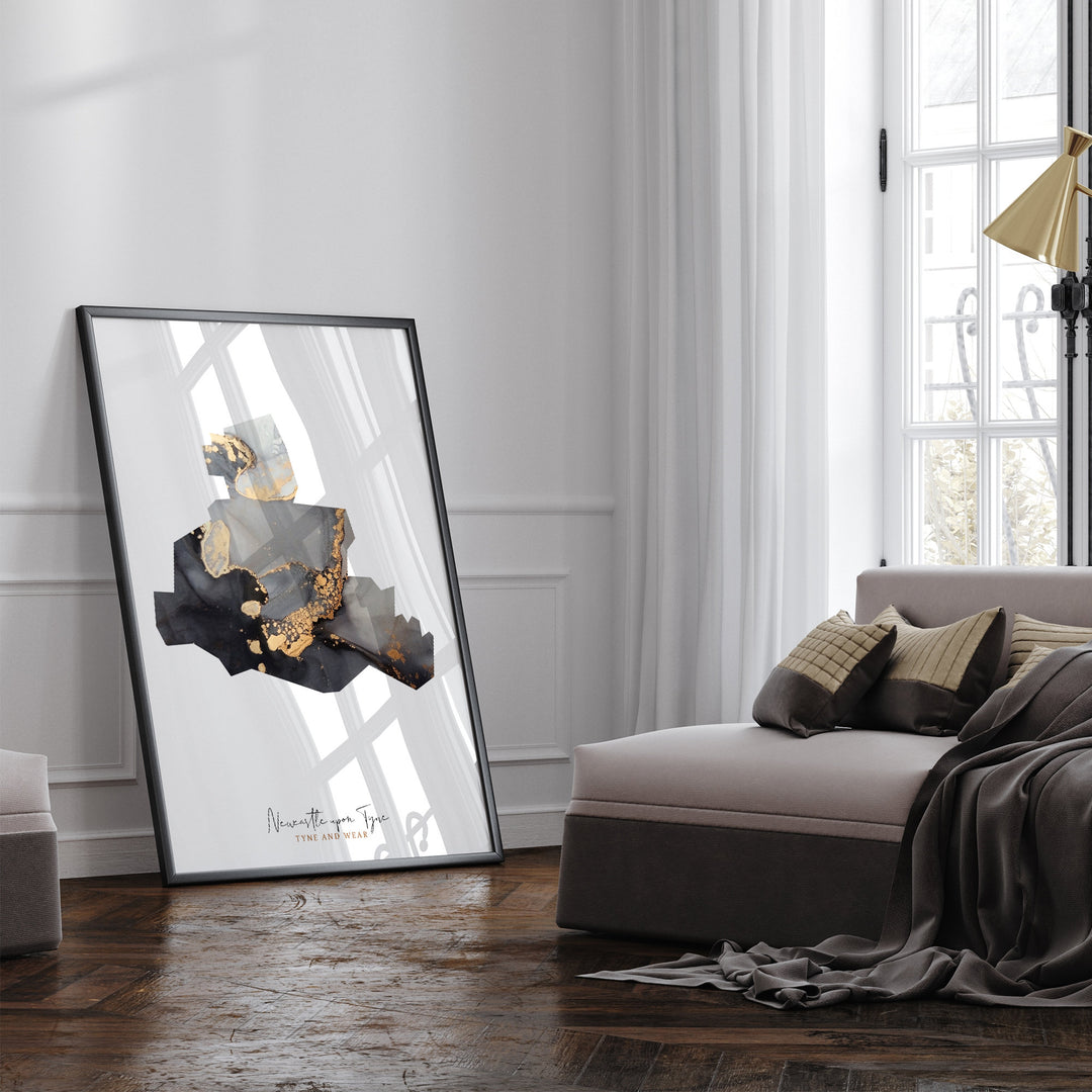 Newcastle upon Tyne Map Black & Gold Wall Art Print | Tyne and Wear | England | United Kingdom | Great Britain