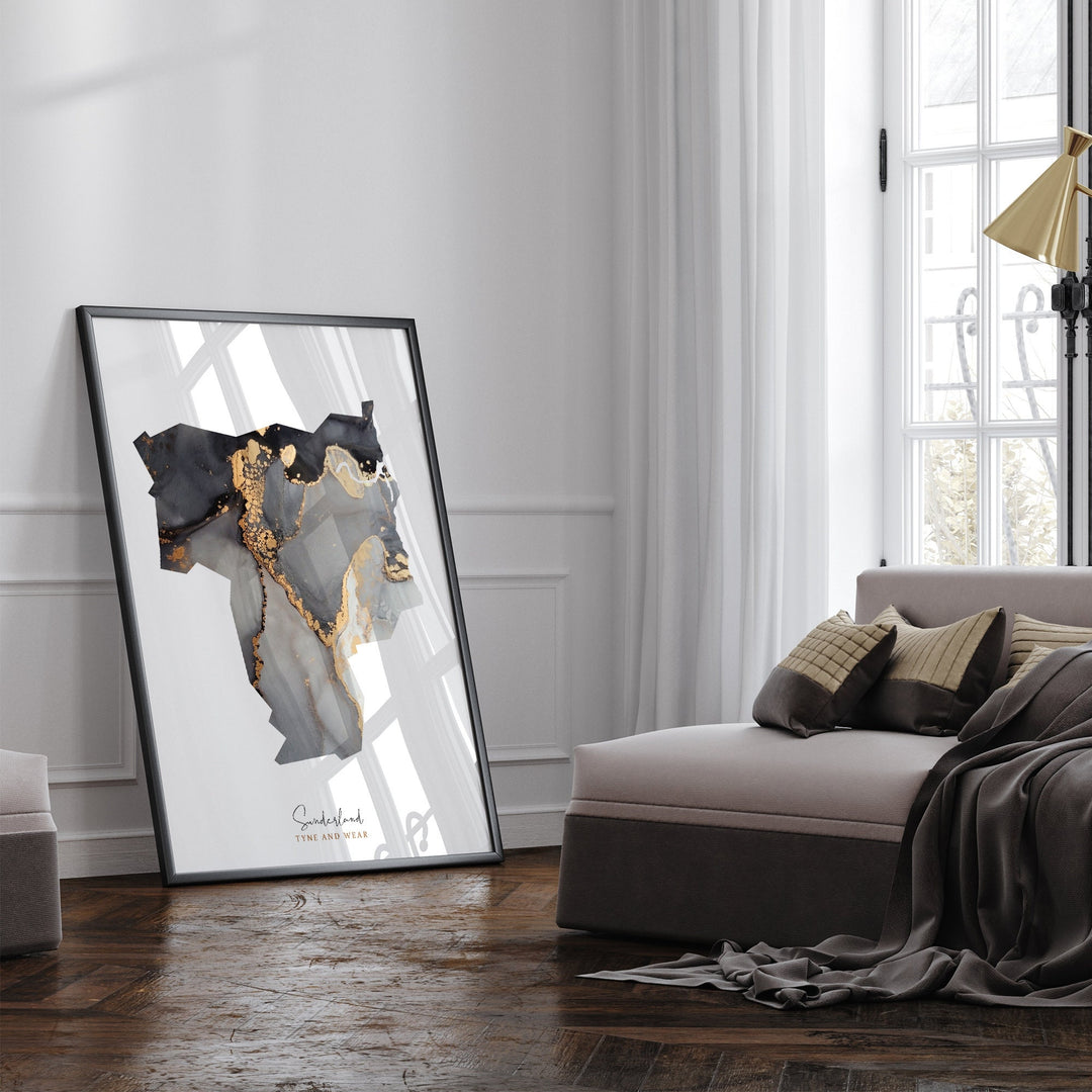 Sunderland Map Black & Gold Wall Art Print | Tyne and Wear | England | United Kingdom | Great Britain
