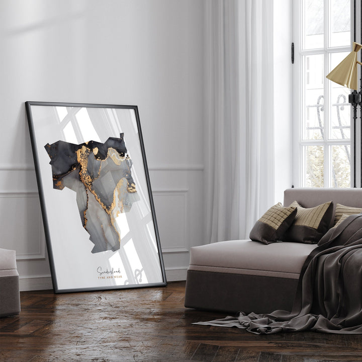 Sunderland Map Black & Gold Wall Art Print | Tyne and Wear | England | United Kingdom | Great Britain