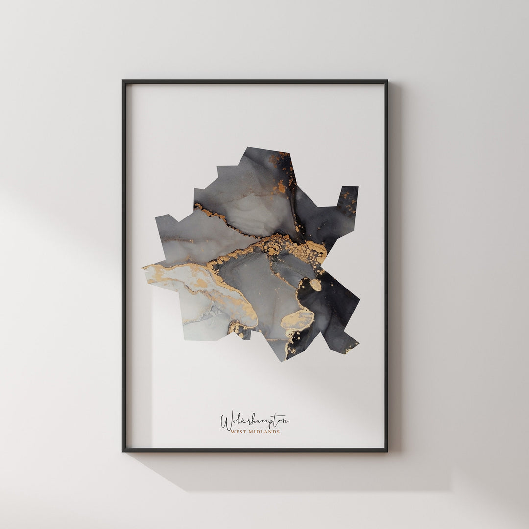 Wolverhampton Map Black and Gold Wall Art Print | West Midlands | England | United Kingdom | Great Britain
