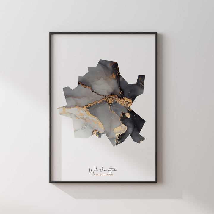 Wolverhampton Map Black and Gold Wall Art Print | West Midlands | England | United Kingdom | Great Britain