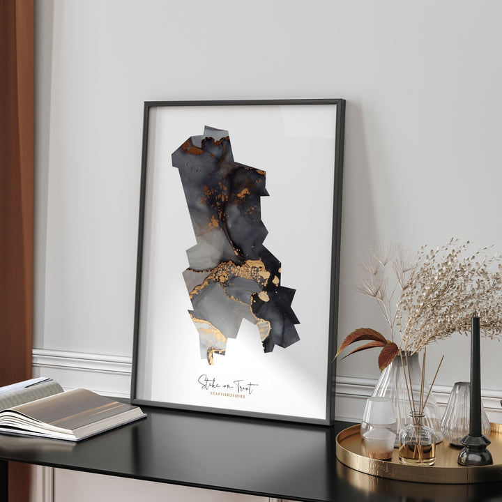 Stoke-on-Trent Map Black and Gold Wall Art Print | Staffordshire | England | United Kingdom | Great Britain