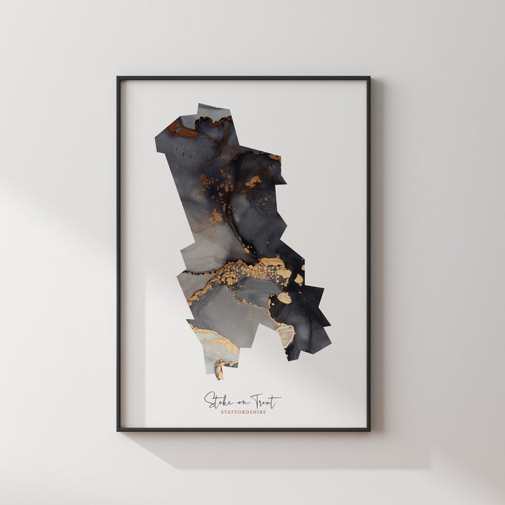 Stoke-on-Trent Map Black and Gold Wall Art Print | Staffordshire | England | United Kingdom | Great Britain