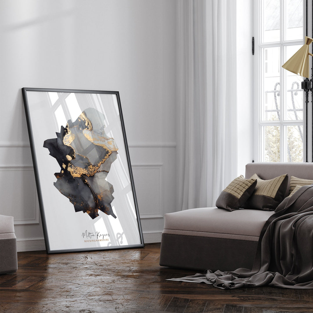 Milton Keynes Map Black and Gold Wall Art Print | Buckinghamshire | England | United Kingdom | Great Britain