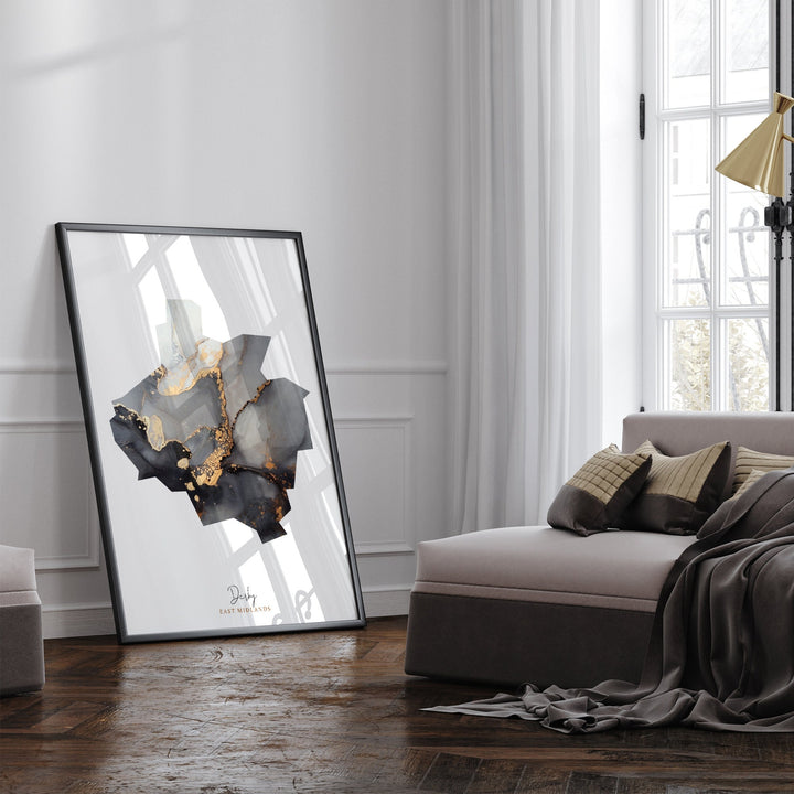 Derby Map Black and Gold Wall Art Print | East Midlands | England | United Kingdom | Great Britain