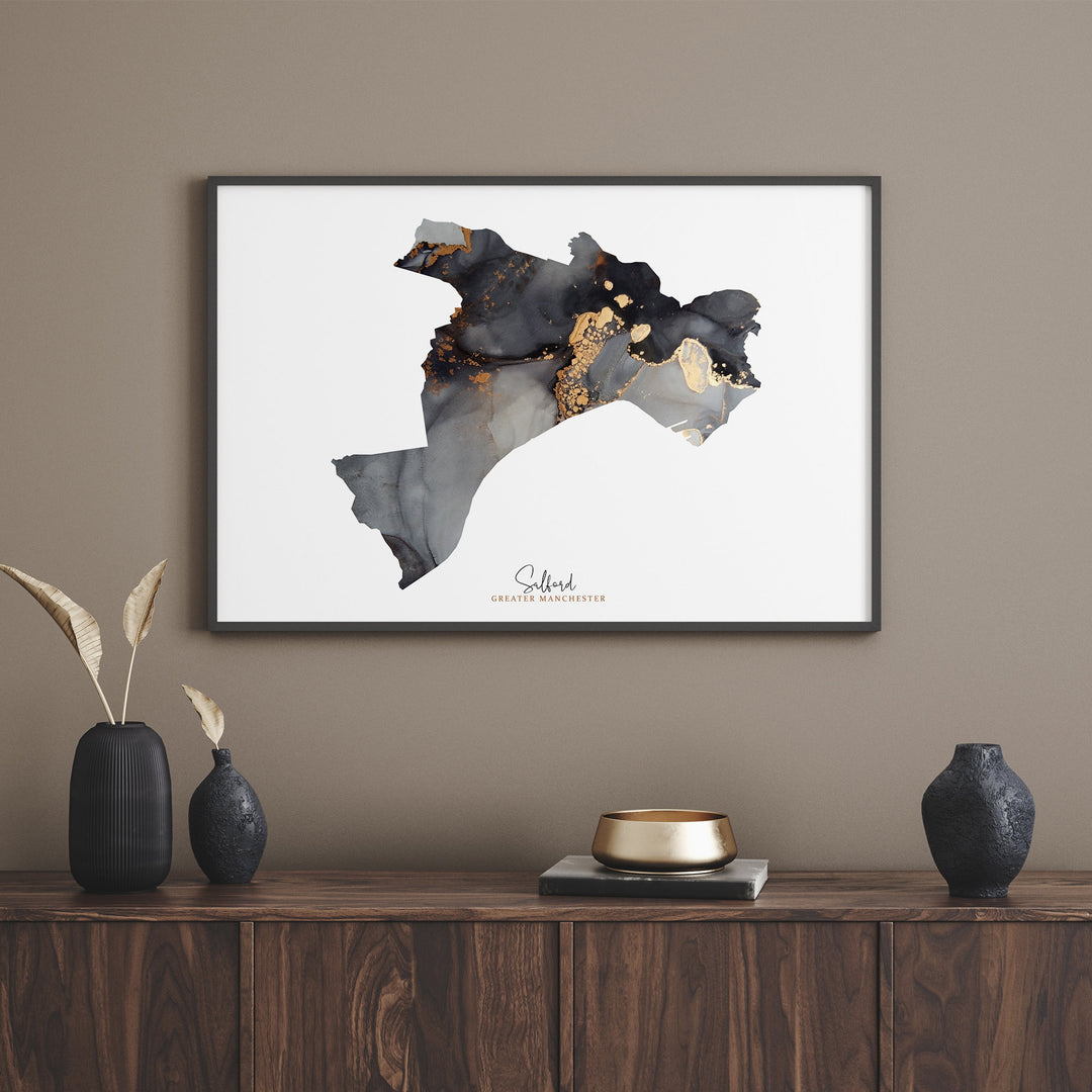 Salford Map Black and Gold Wall Art Print | Greater Manchester | England | United Kingdom | Great Britain