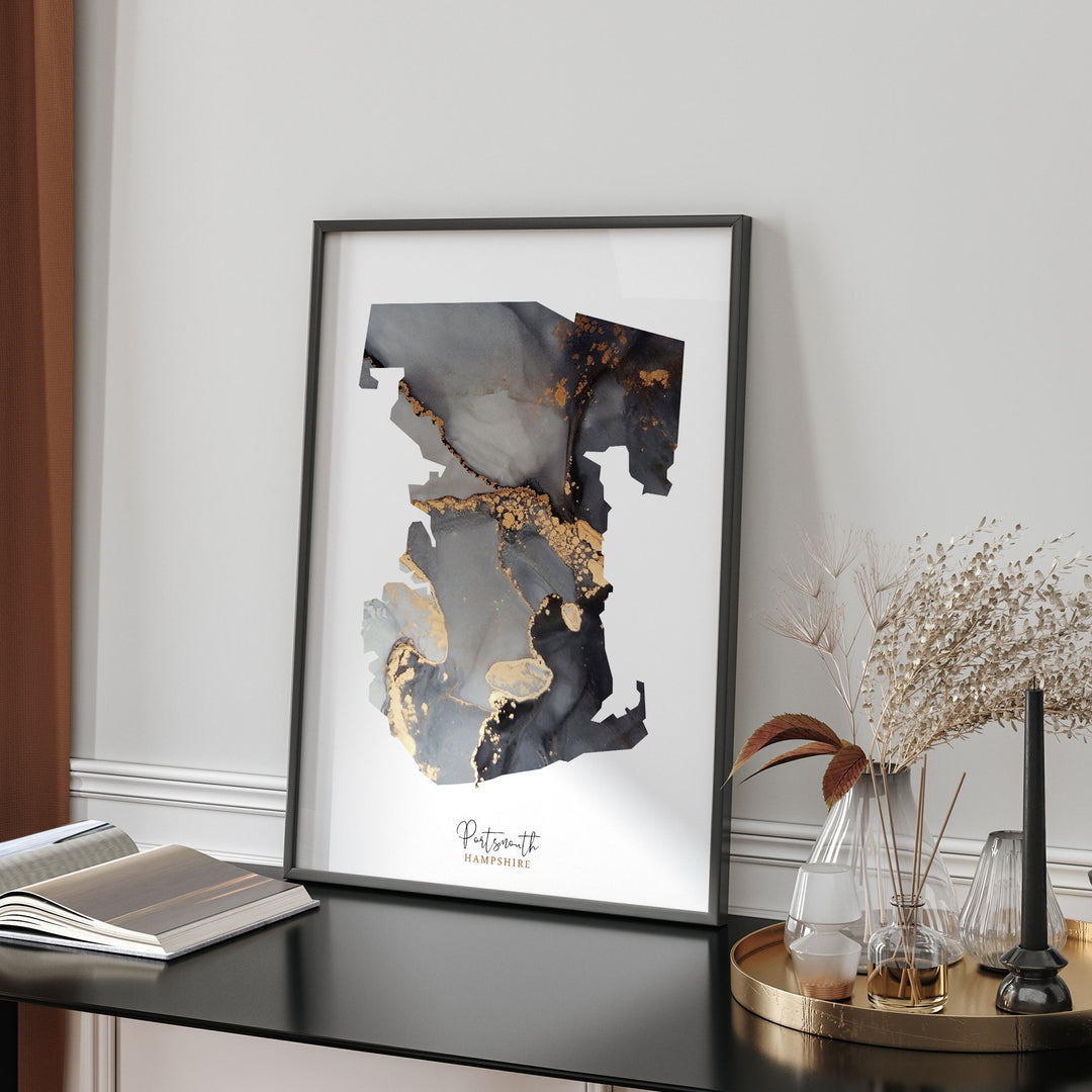 Portsmouth Map Black and Gold Wall Art Print | Hampshire | England | United Kingdom | Great Britain