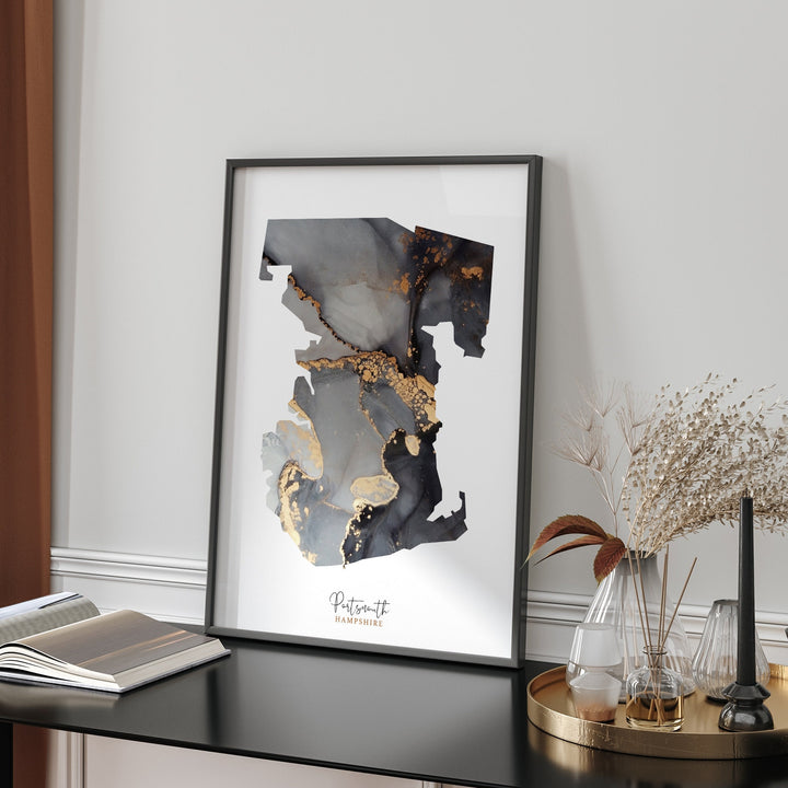 Portsmouth Map Black and Gold Wall Art Print | Hampshire | England | United Kingdom | Great Britain