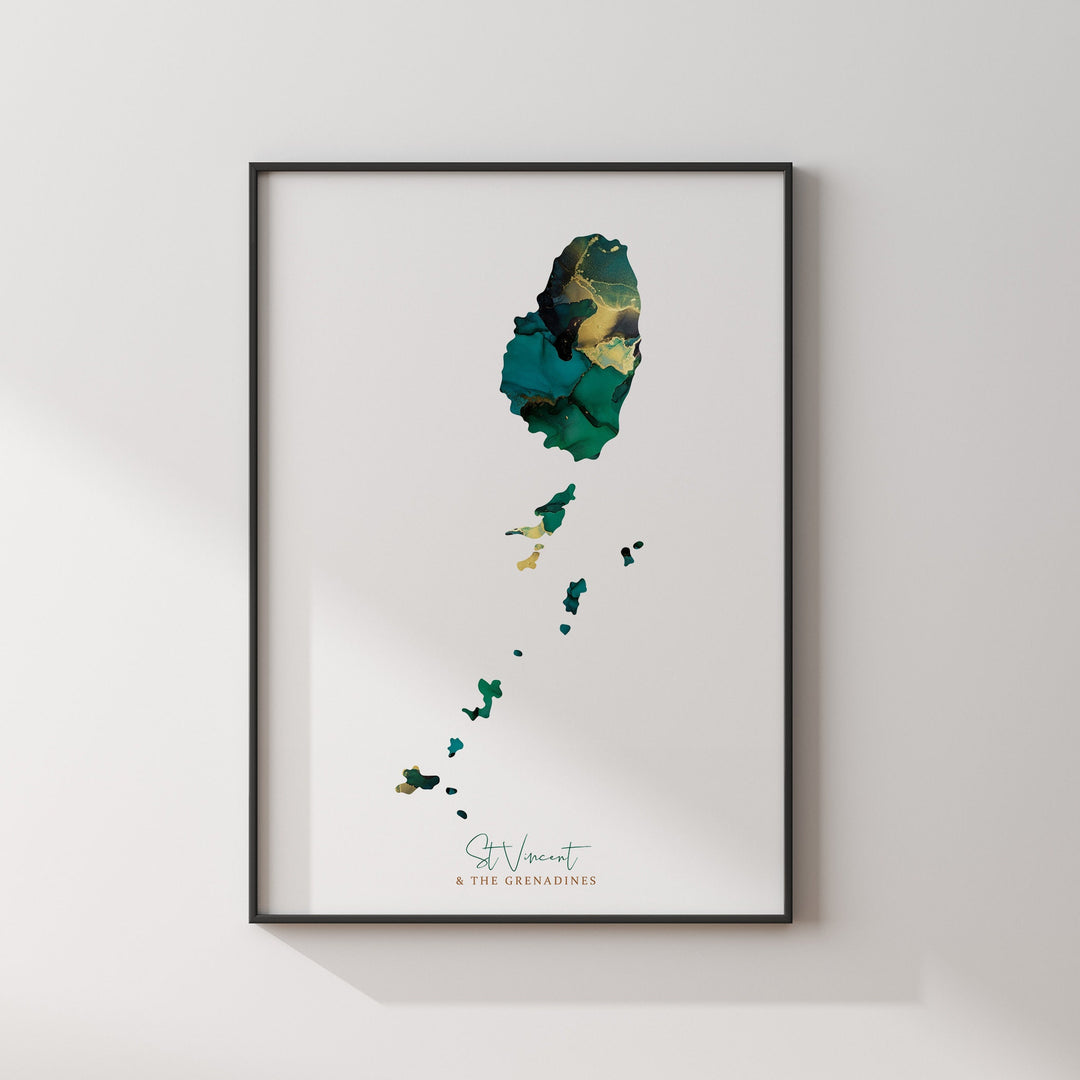 Saint Vincent and the Grenadines Map Emerald Green and Gold Wall Art Print