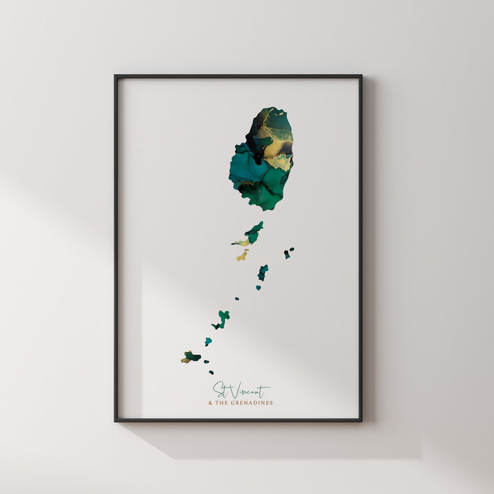 Saint Vincent and the Grenadines Map Emerald Green and Gold Wall Art Print