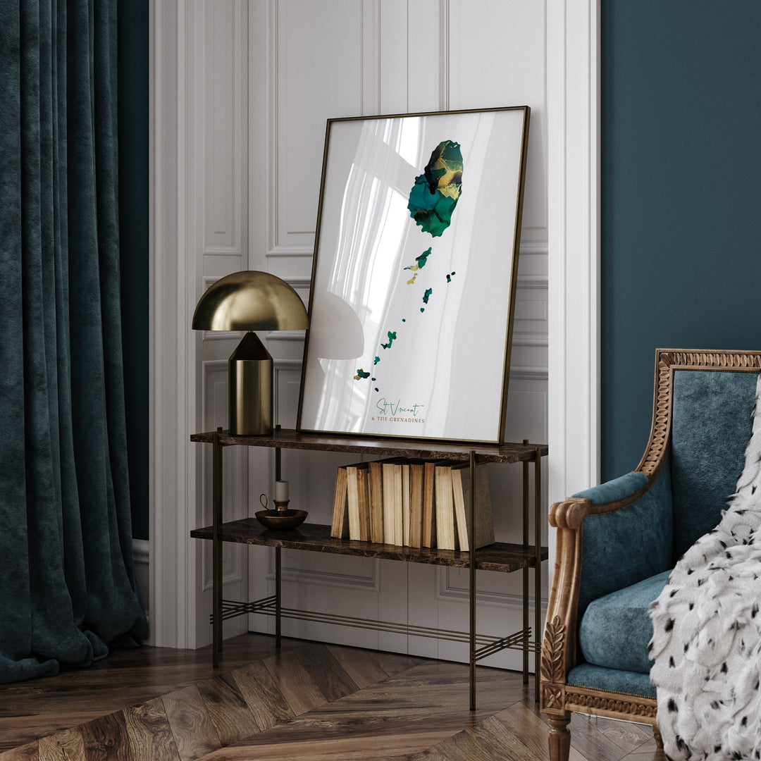 Saint Vincent and the Grenadines Map Emerald Green and Gold Wall Art Print
