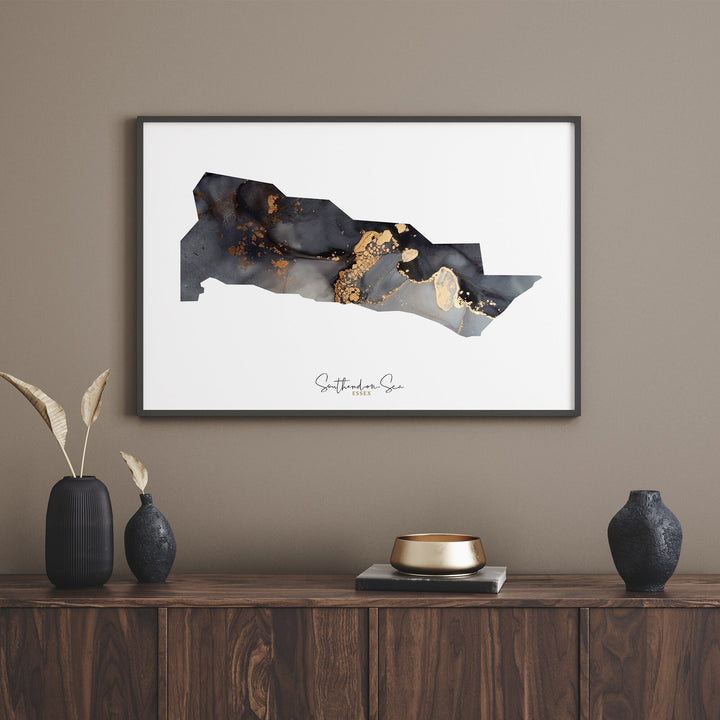 Southend-on-Sea Map Black and Gold Wall Art Print | Essex | England | United Kingdom | Great Britain
