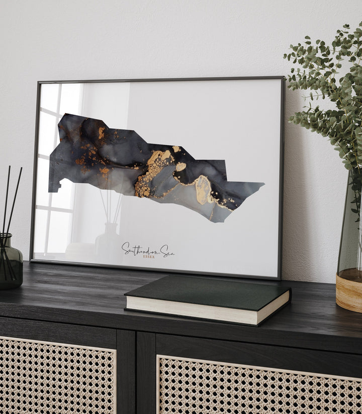 Southend-on-Sea Map Black and Gold Wall Art Print | Essex | England | United Kingdom | Great Britain