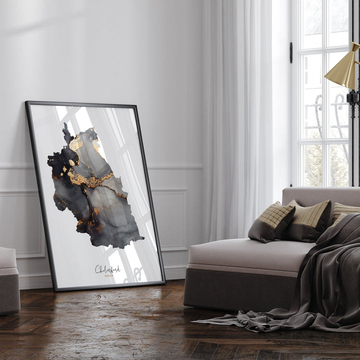 Chelmsford Map Black and Gold Wall Art Print | Essex | England | United Kingdom | Great Britain