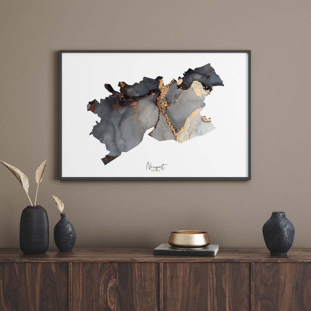 Newport Map Black and Gold Wall Art Print | Wales | United Kingdom | Great Britain