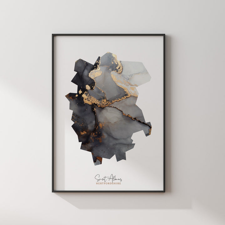 Saint Albans Map Black and Gold Wall Art Print | Hertfordshire | England | United Kingdom | Great Britain