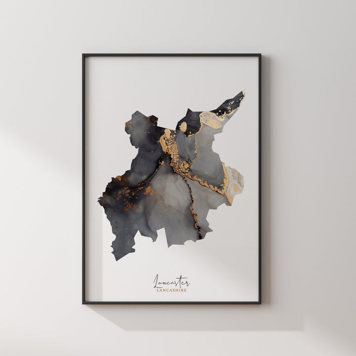 Lancaster Map Black and Gold Wall Art Print | Lancashire | England | United Kingdom | Great Britain