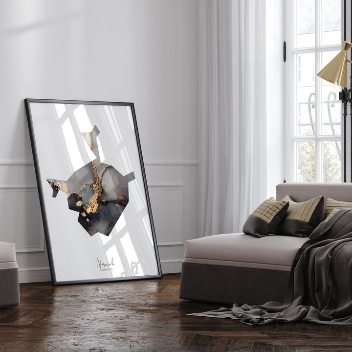 Norwich Map Black and Gold Wall Art Print | Norfolk | England | United Kingdom | Great Britain