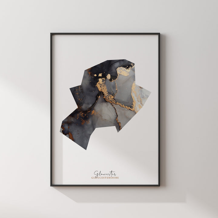 Gloucester Map Black and Gold Wall Art Print | Gloucestershire | England | United Kingdom | Great Britain