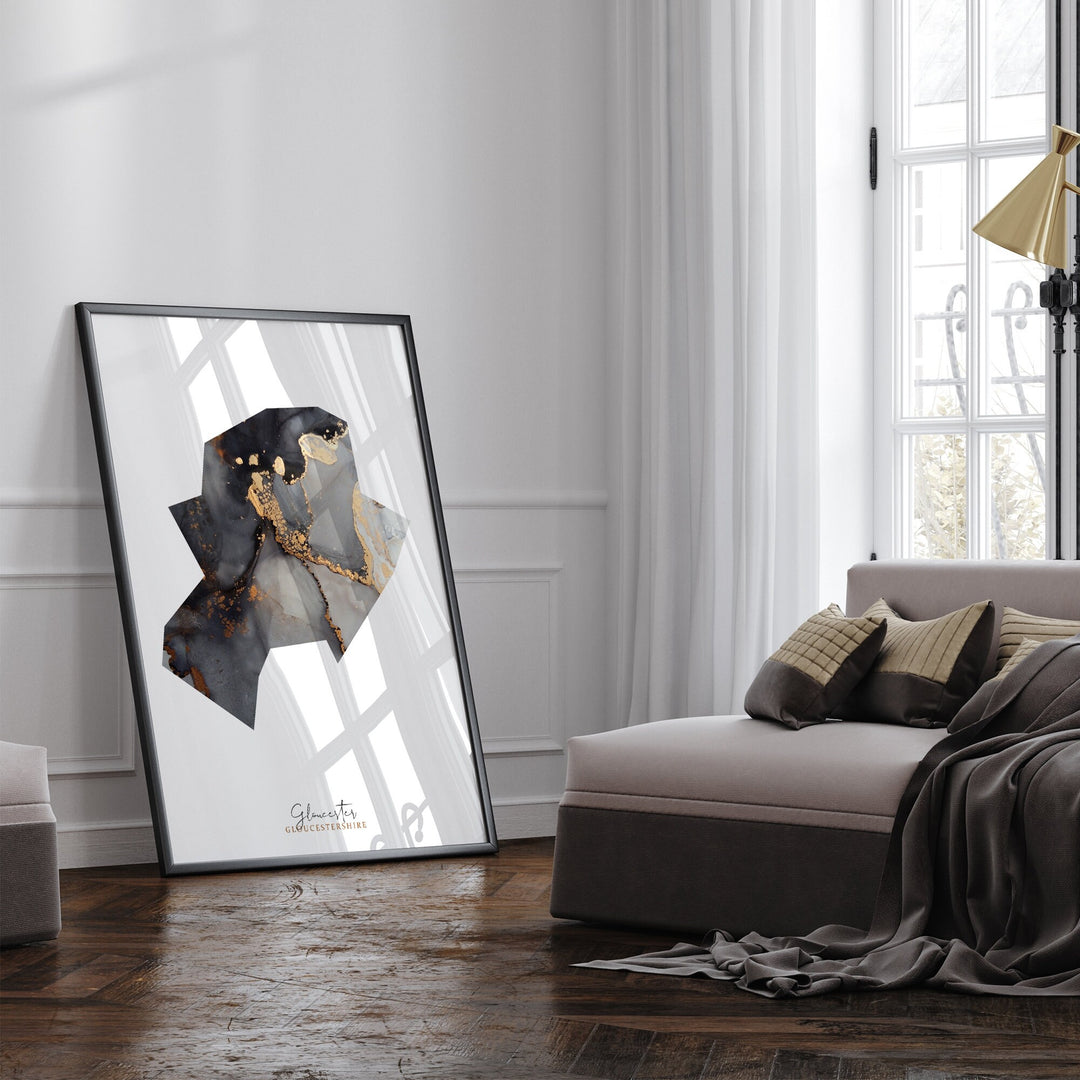 Gloucester Map Black and Gold Wall Art Print | Gloucestershire | England | United Kingdom | Great Britain