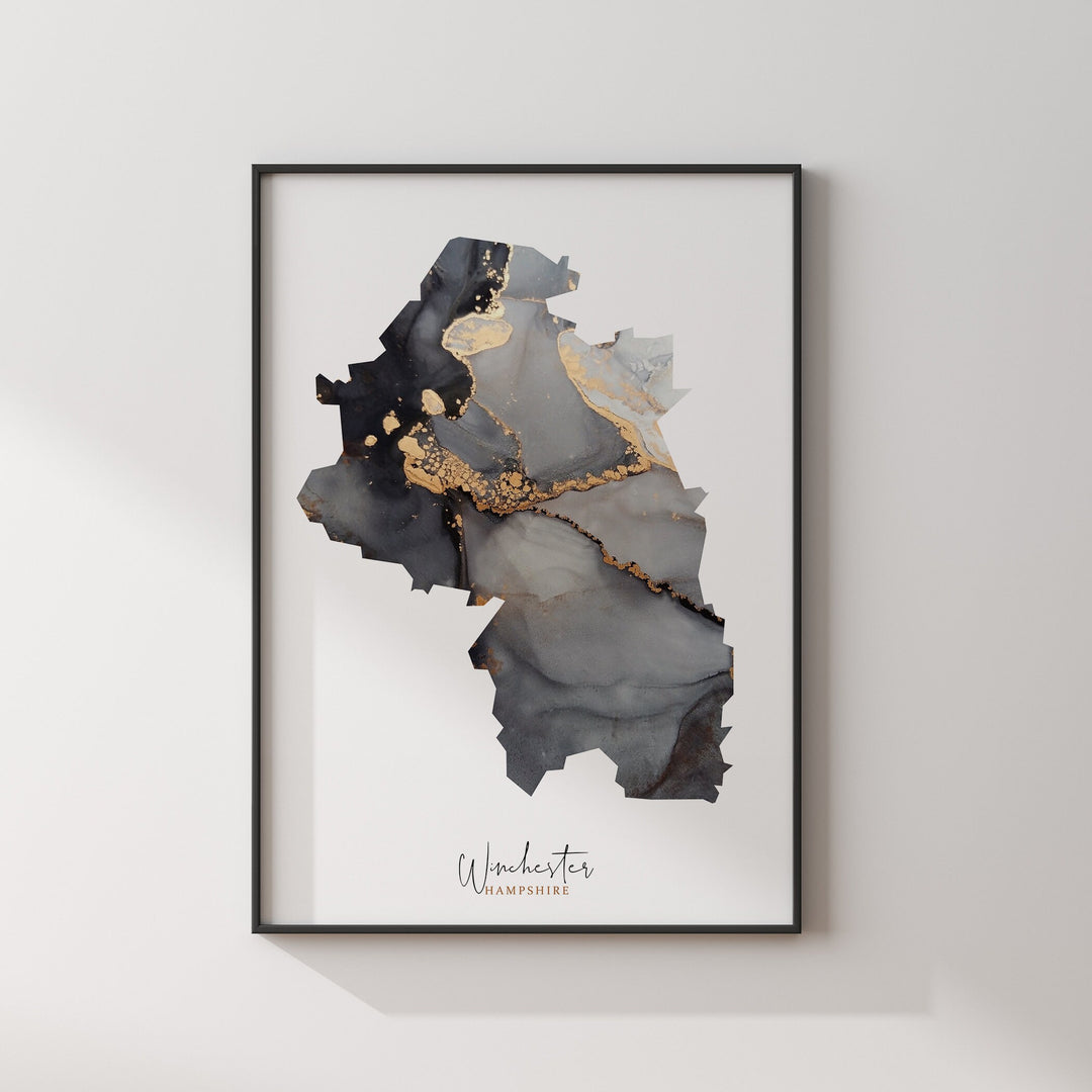 Winchester Map Black and Gold Wall Art Print | Hampshire | England | United Kingdom | Great Britain