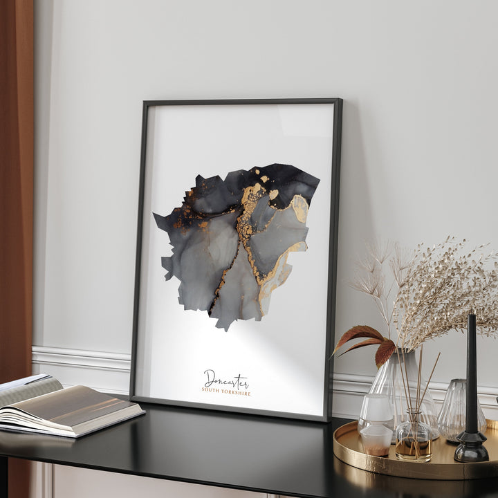 Doncaster Map Black and Gold Wall Art Print | South Yorkshire | England | United Kingdom | Great Britain