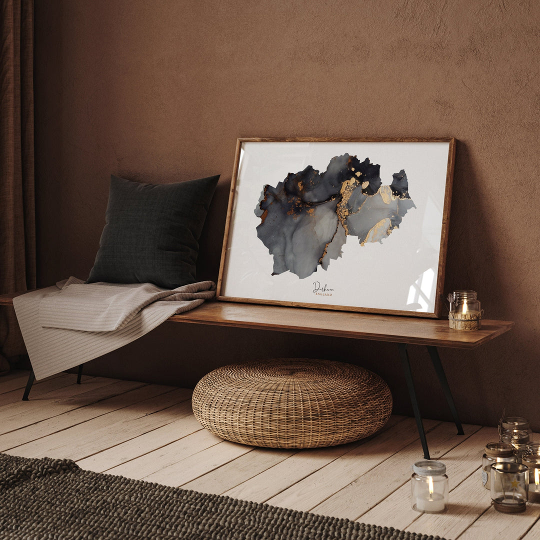 Durham Map Black and Gold Wall Art Print | England | United Kingdom | Great Britain