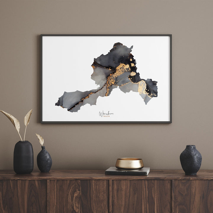 Wrexham Map Black and Gold Wall Art Print | Wales | United Kingdom | Great Britain