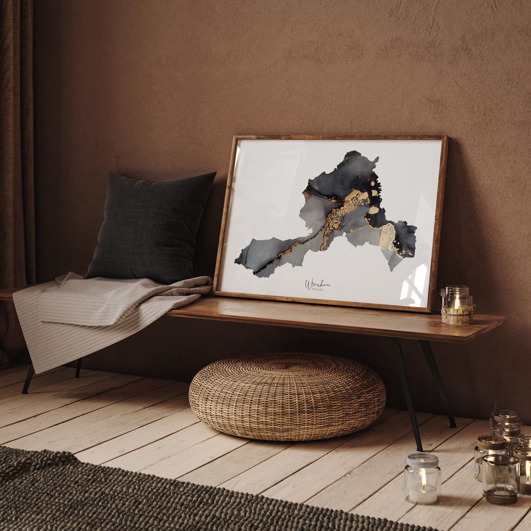 Wrexham Map Black and Gold Wall Art Print | Wales | United Kingdom | Great Britain