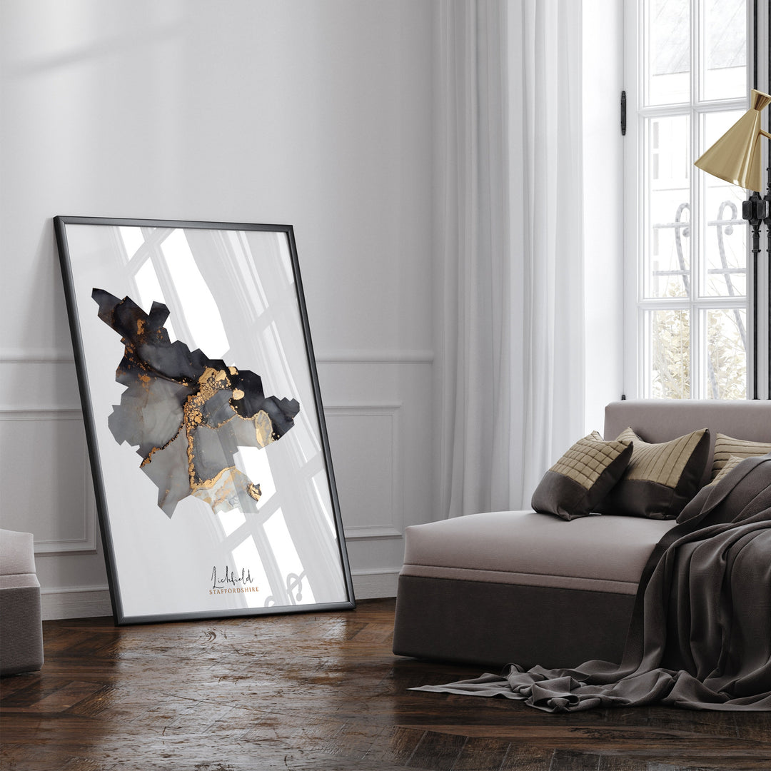 Lichfield Map Black and Gold Wall Art Print | Staffordshire | England | United Kingdom | Great Britain