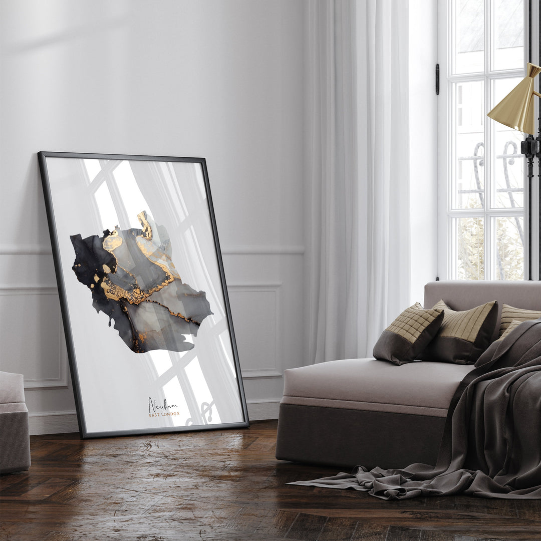 Newham Map Black and Gold Wall Art Print | East London | England | United Kingdom | Great Britain