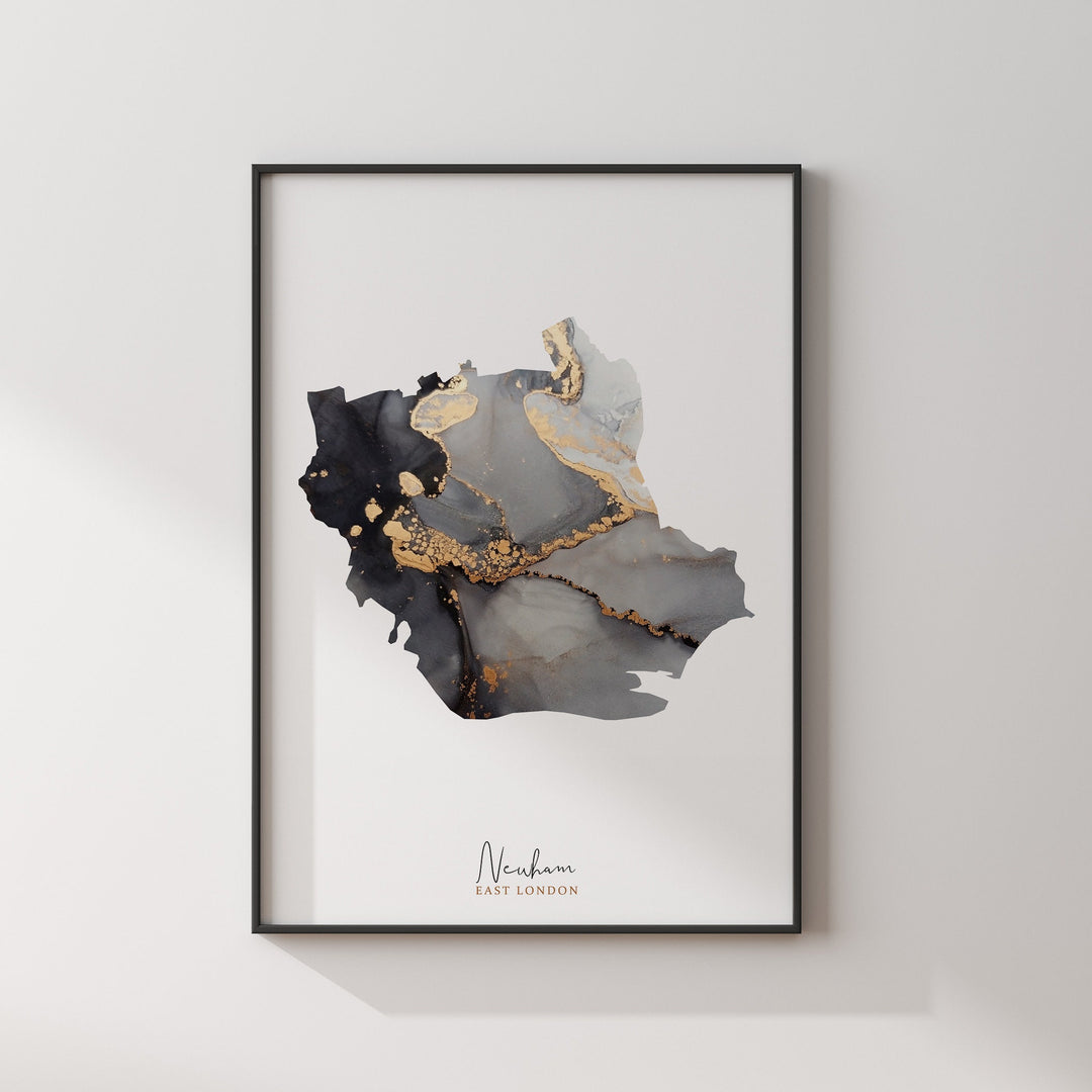 Newham Map Black and Gold Wall Art Print | East London | England | United Kingdom | Great Britain