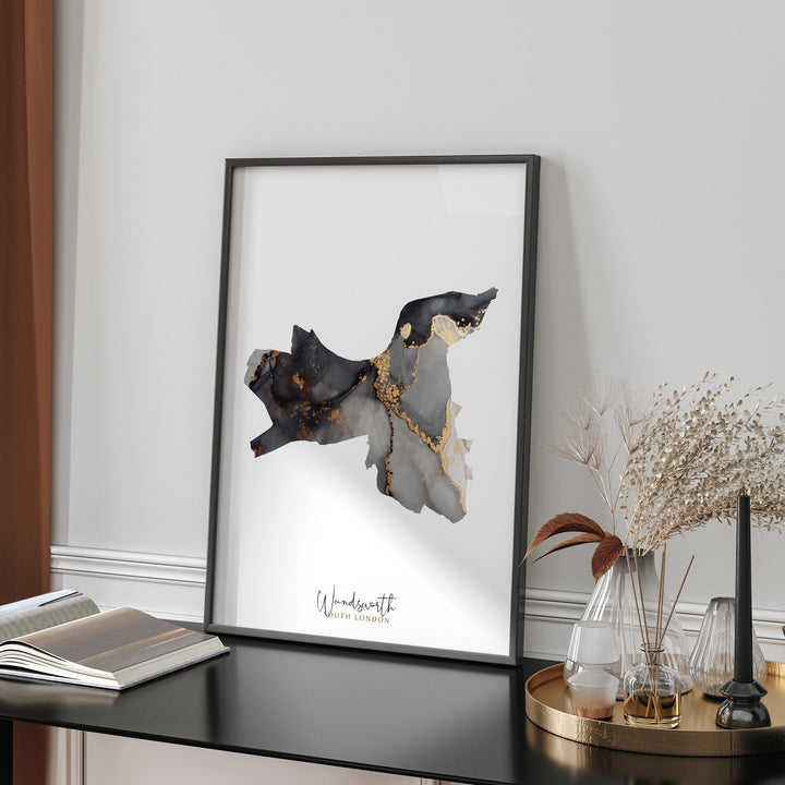 Wandsworth Map Black and Gold Wall Art Print | South London | England | United Kingdom | Great Britain