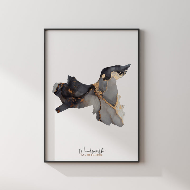 Wandsworth Map Black and Gold Wall Art Print | South London | England | United Kingdom | Great Britain