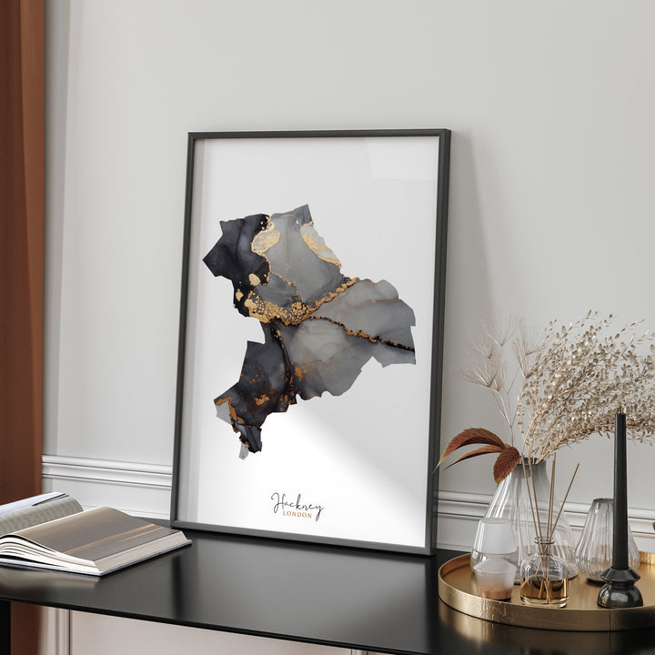 Hackney Map Black and Gold Wall Art Print | London | England | United Kingdom | Great Britain